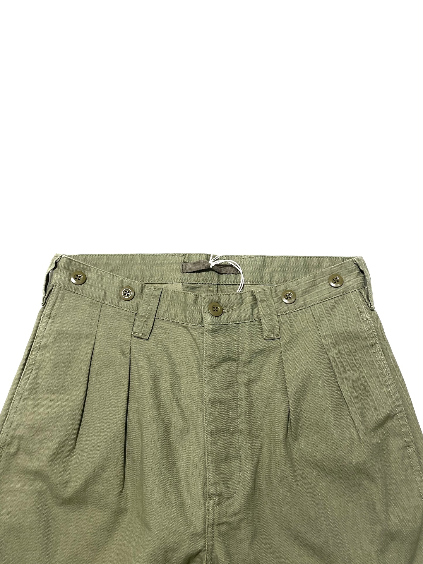 Nigel Cabourn Pleated Chino In US Green Cotton Herringbone Twill