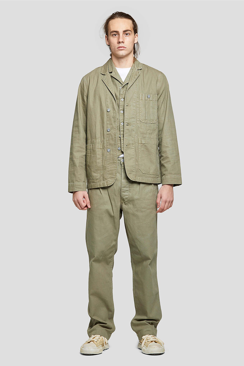 Nigel Cabourn Pleated Chino In US Green Cotton Herringbone Twill