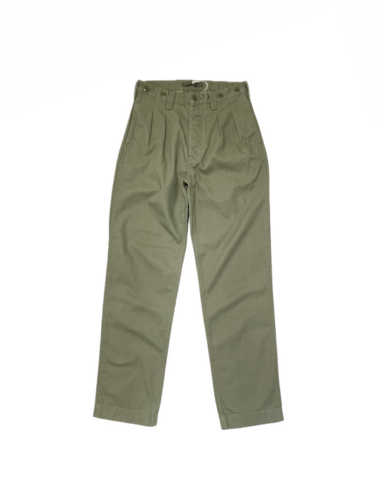 Nigel Cabourn Pleated Chino In US Green Cotton Herringbone Twill